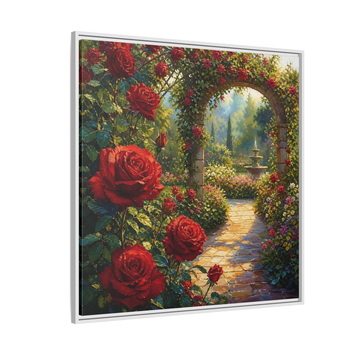 Side Mockup 4. Floral Red Roses Red Rose Garden shown as stretched canvas wall art