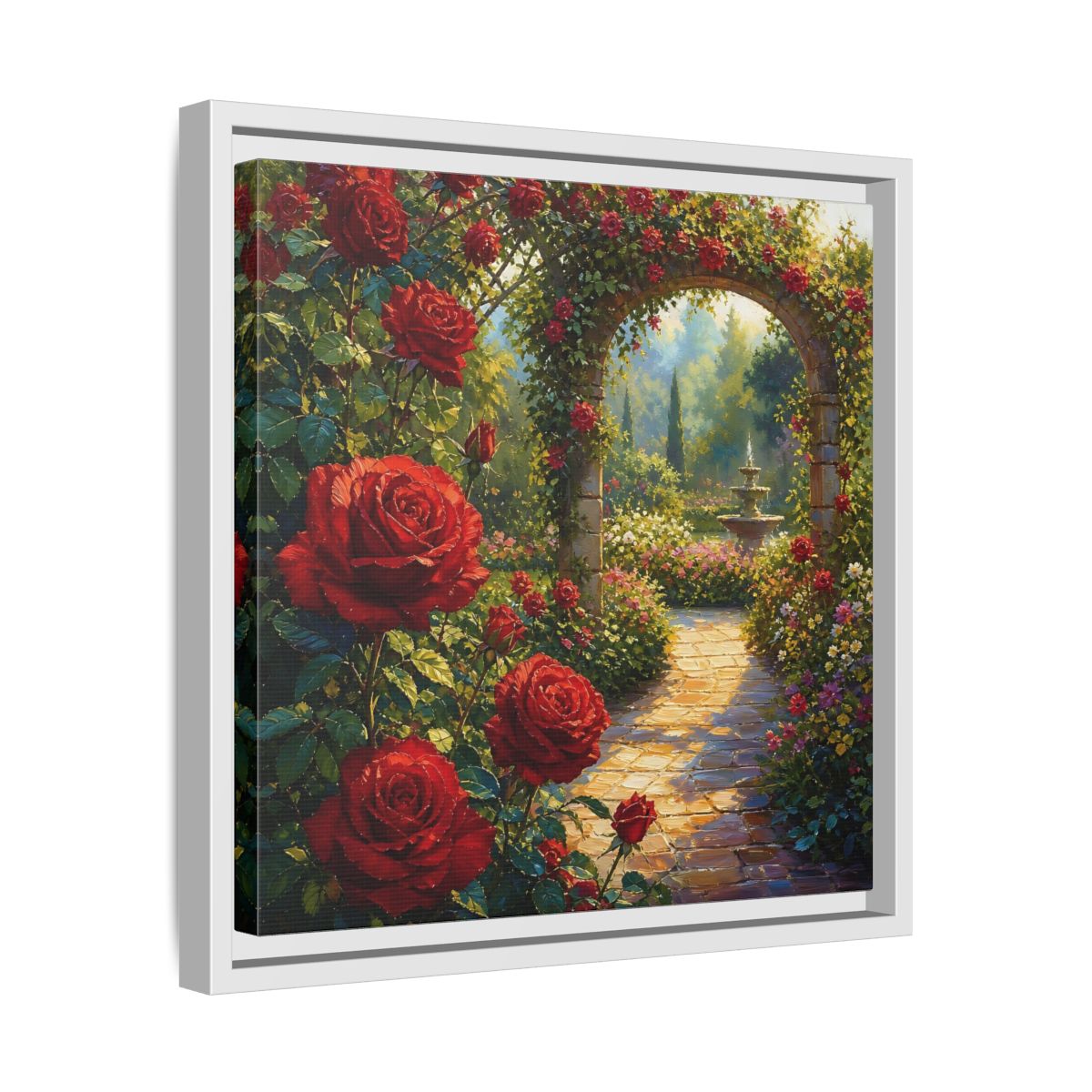 Side Mockup 28. Floral Red Roses Red Rose Garden shown as stretched canvas wall art