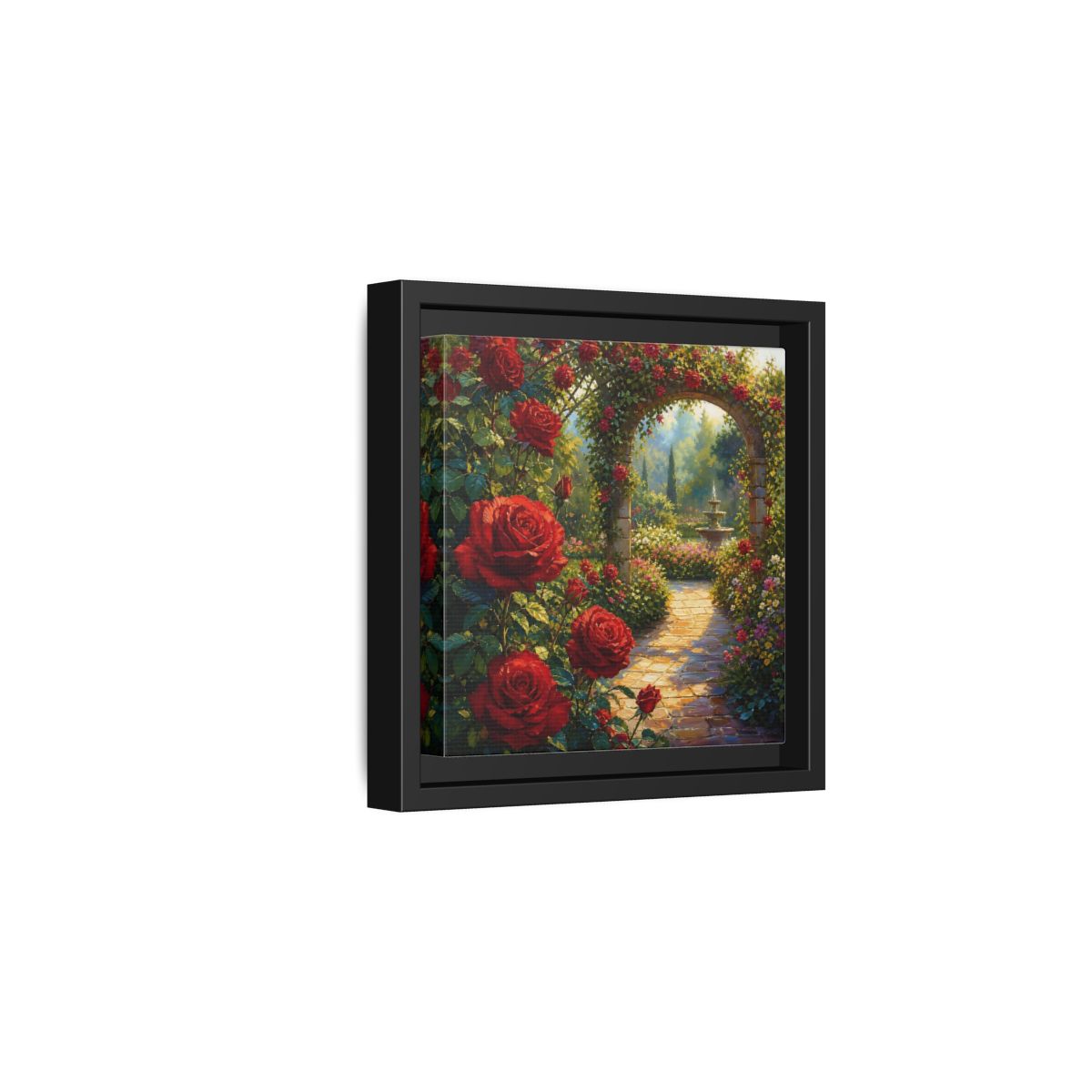 Side Mockup 3. Floral Red Roses Red Rose Garden shown as stretched canvas wall art