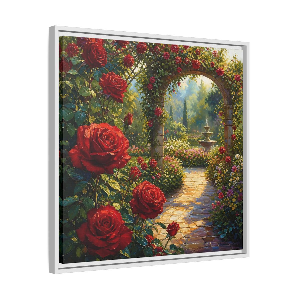 Side Mockup 26. Floral Red Roses Red Rose Garden shown as stretched canvas wall art