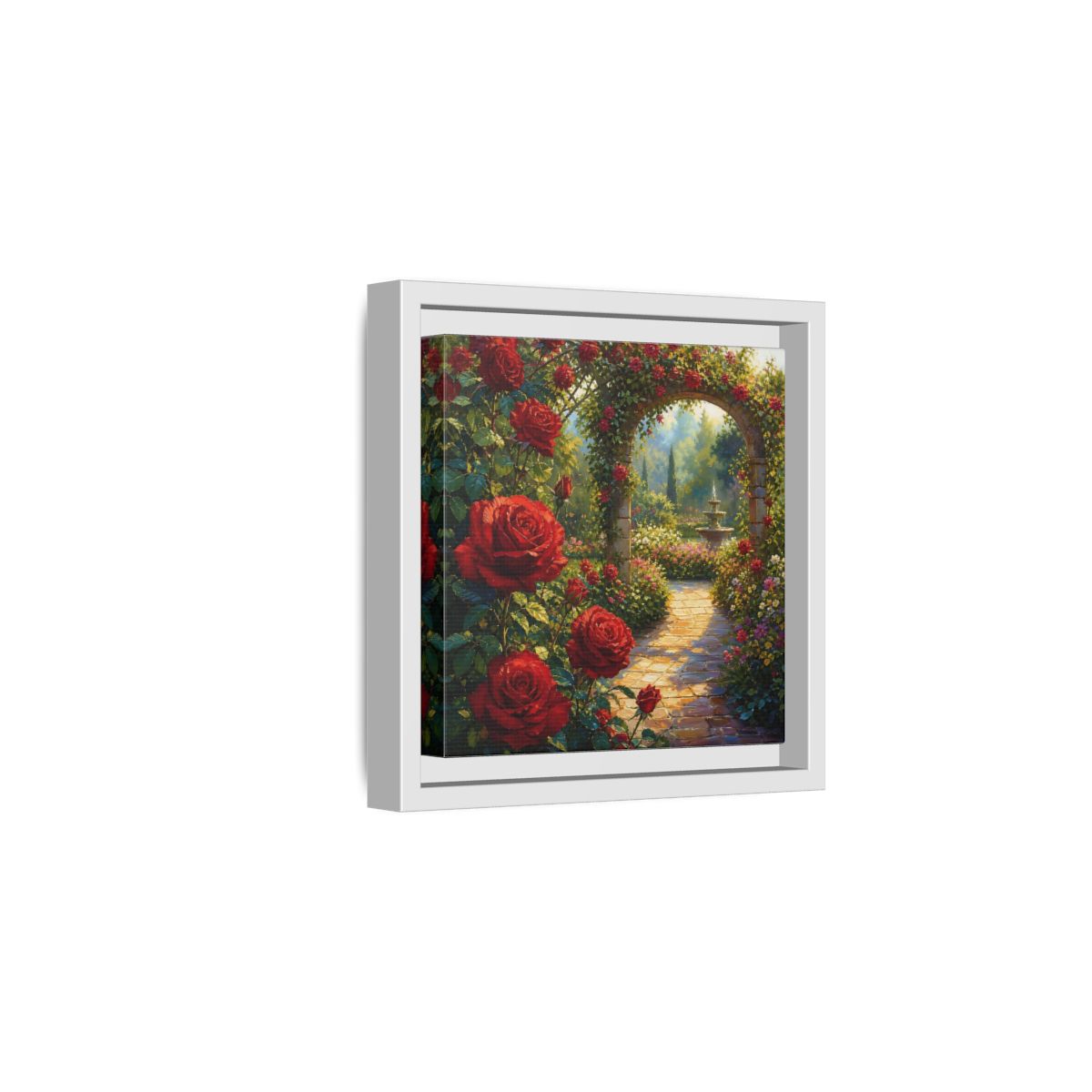 Side Mockup 1. Floral Red Roses Red Rose Garden shown as stretched canvas wall art