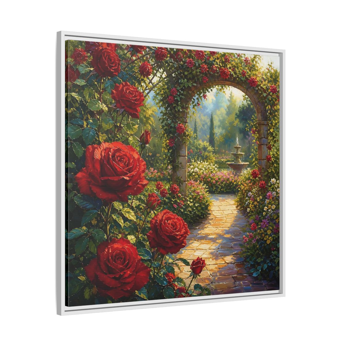 Side Mockup 25. Floral Red Roses Red Rose Garden shown as stretched canvas wall art
