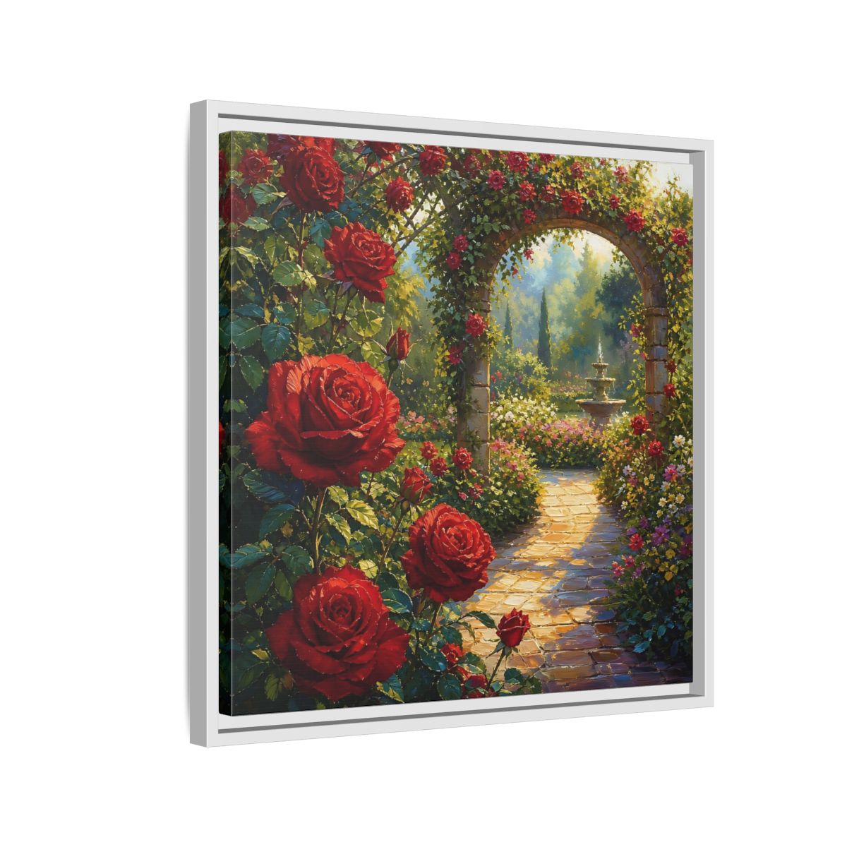 Side Mockup 10. Floral Red Roses Red Rose Garden shown as stretched canvas wall art