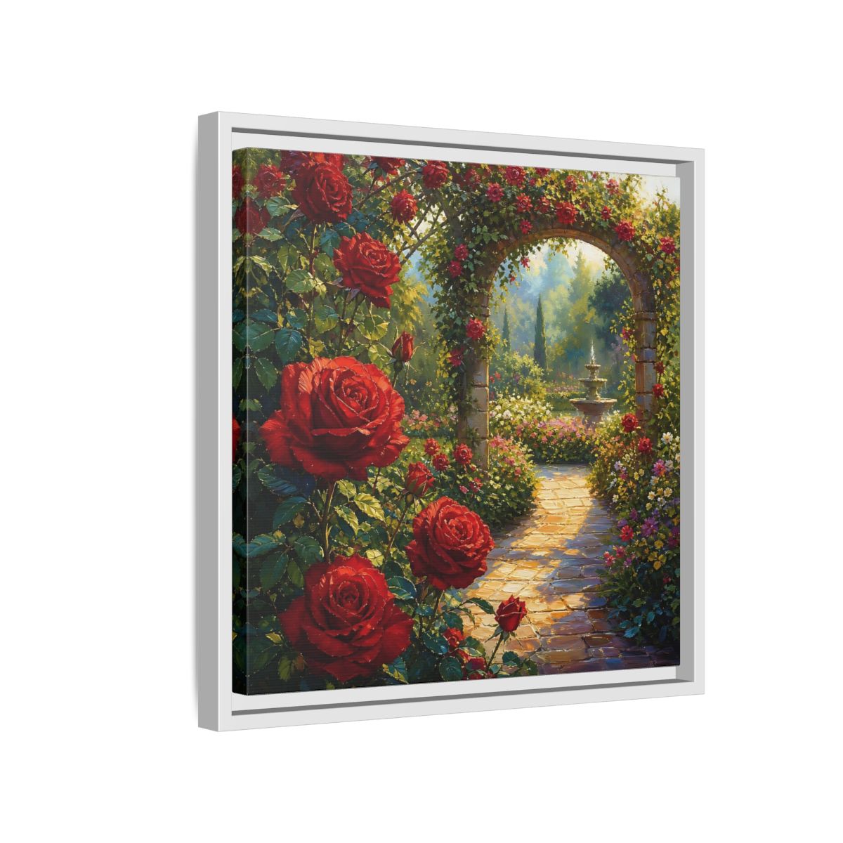 Side Mockup 13. Floral Red Roses Red Rose Garden shown as stretched canvas wall art