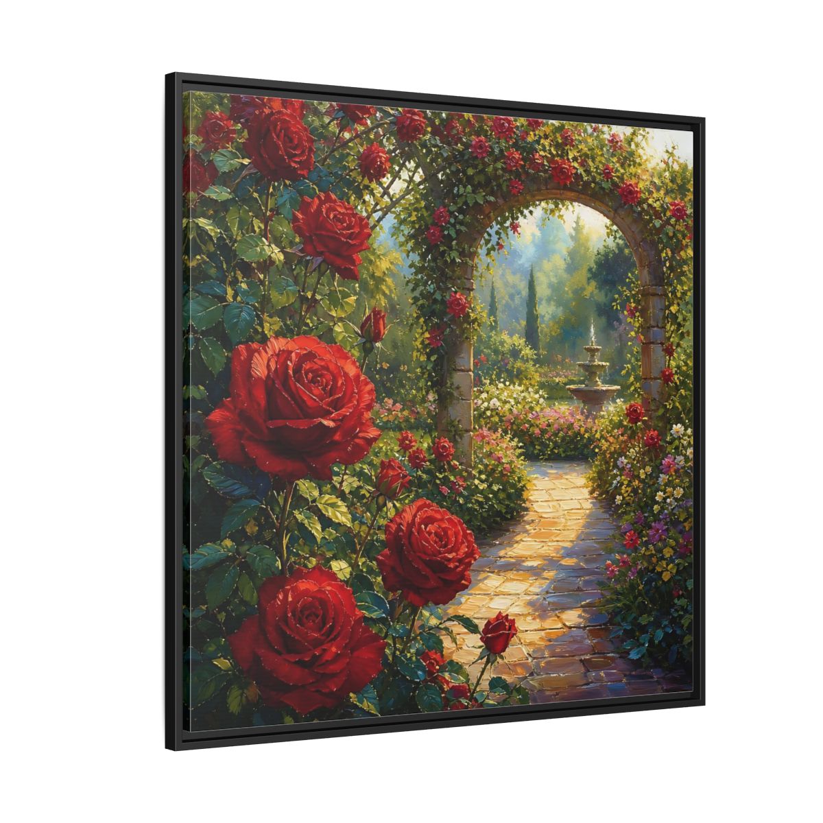 Side Mockup 6. Floral Red Roses Red Rose Garden shown as stretched canvas wall art