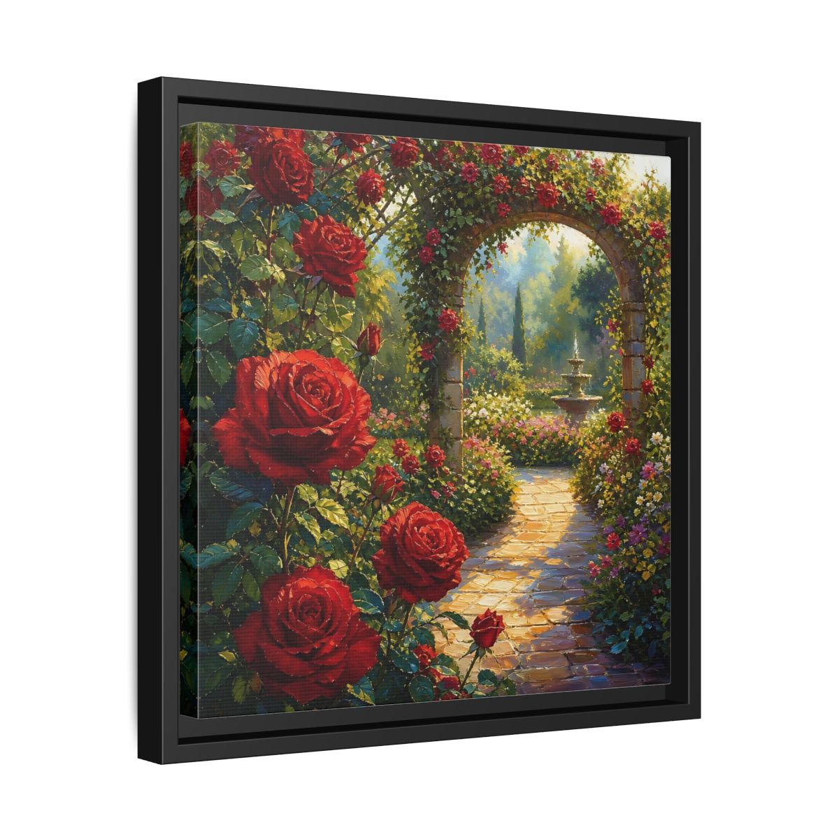 Side Mockup 32. Floral Red Roses Red Rose Garden shown as stretched canvas wall art