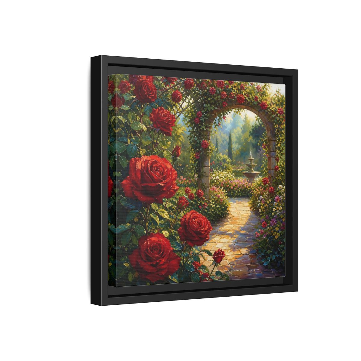 Side Mockup 18. Floral Red Roses Red Rose Garden shown as stretched canvas wall art