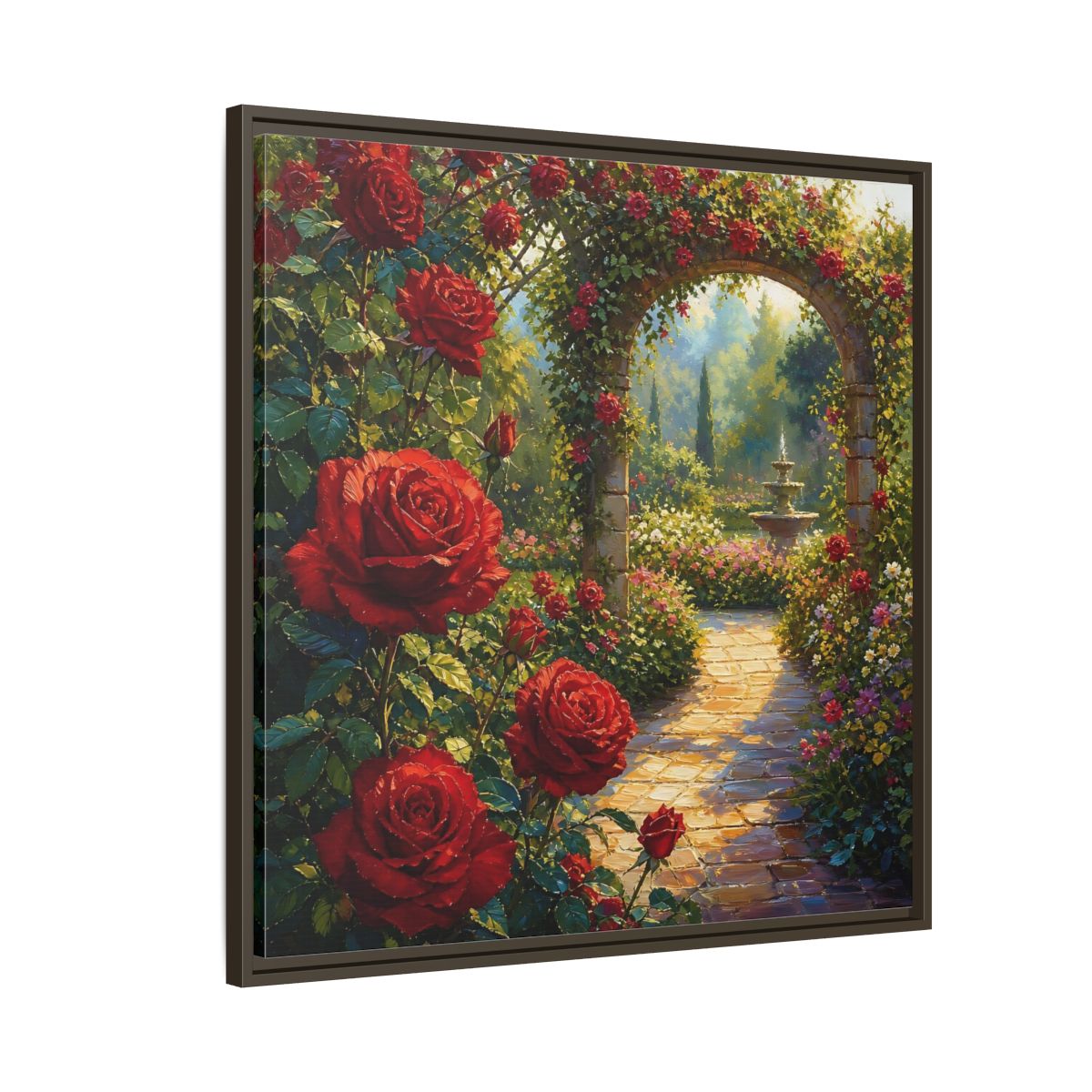 Side Mockup 8. Floral Red Roses Red Rose Garden shown as stretched canvas wall art