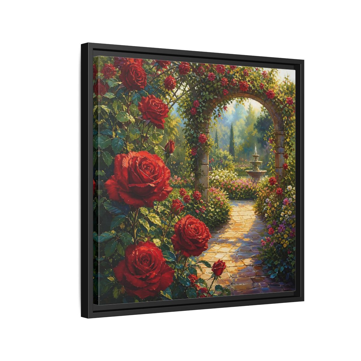 Side Mockup 12. Floral Red Roses Red Rose Garden shown as stretched canvas wall art