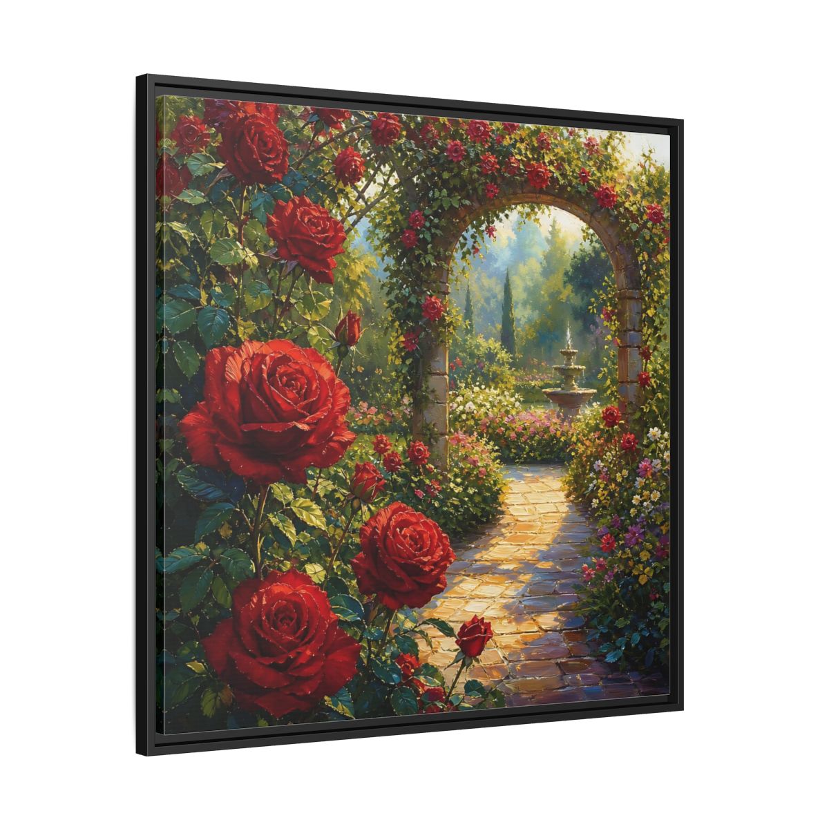 Side Mockup 30. Floral Red Roses Red Rose Garden shown as stretched canvas wall art