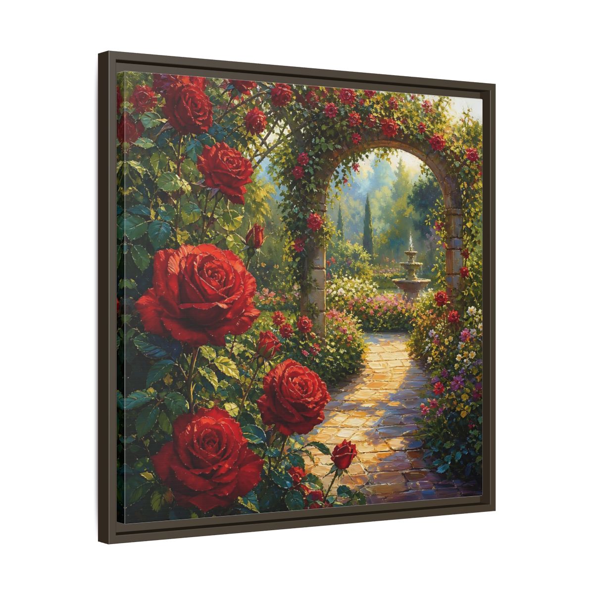 Side Mockup 27. Floral Red Roses Red Rose Garden shown as stretched canvas wall art