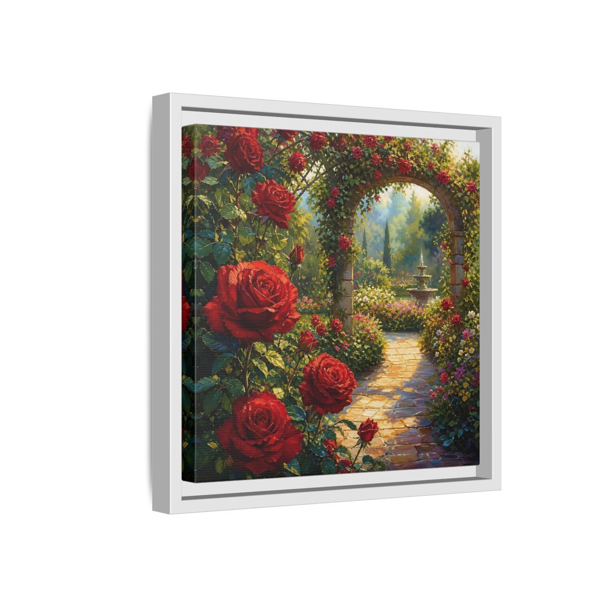 Side Mockup 16. Floral Red Roses Red Rose Garden shown as stretched canvas wall art