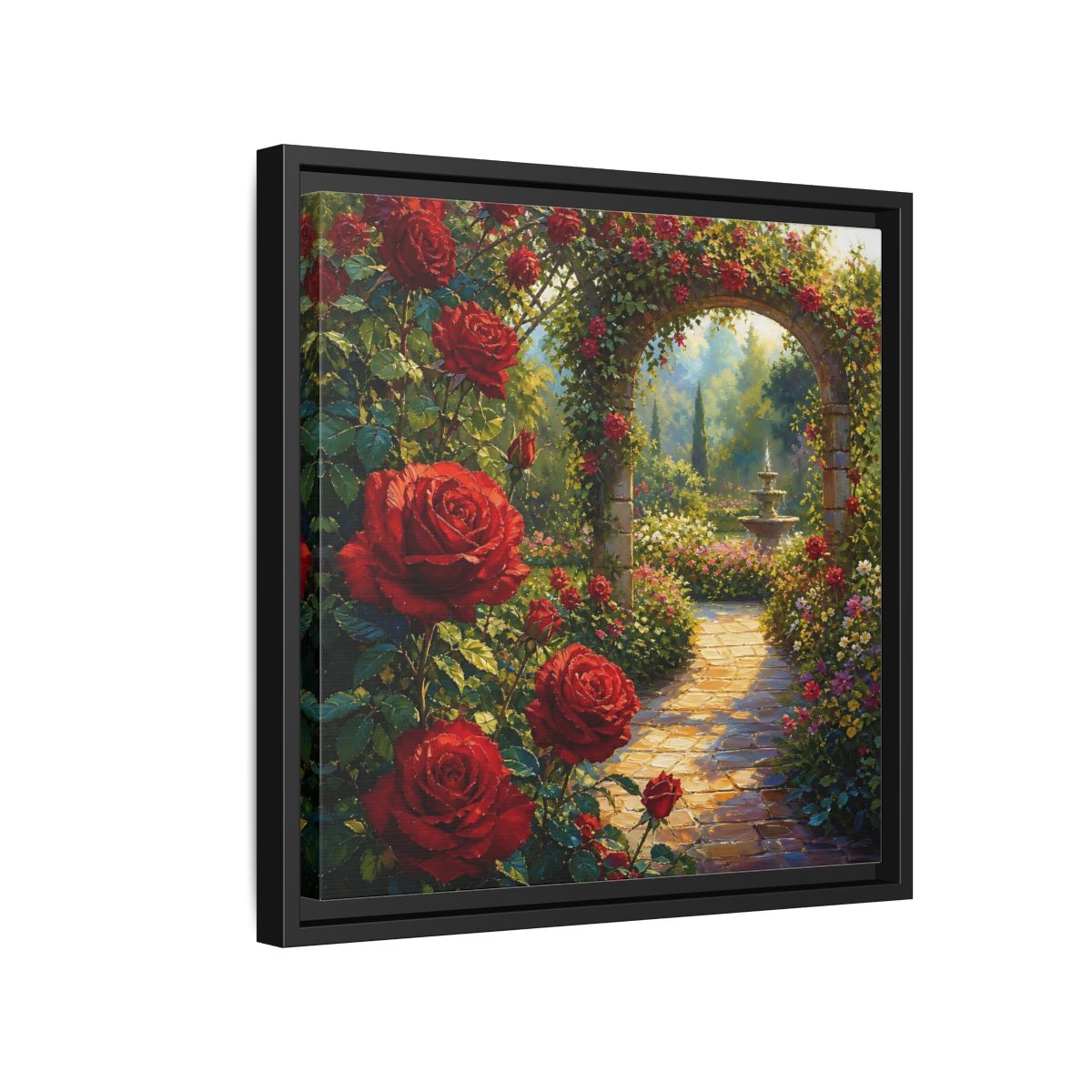 Side Mockup 15. Floral Red Roses Red Rose Garden shown as stretched canvas wall art