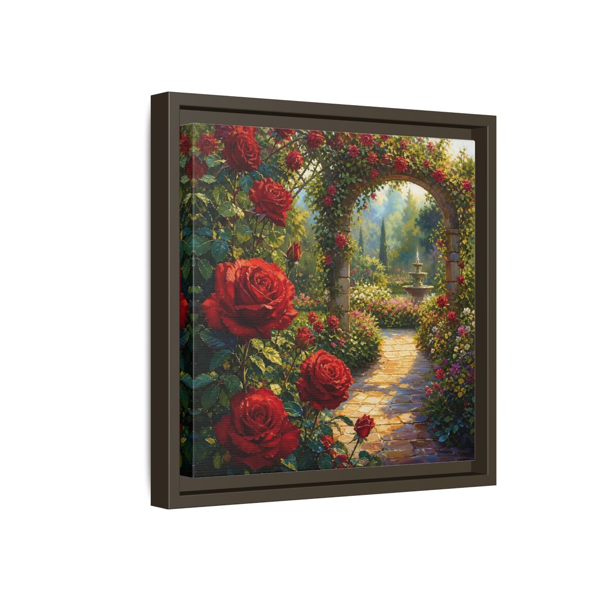 Side Mockup 17. Floral Red Roses Red Rose Garden shown as stretched canvas wall art