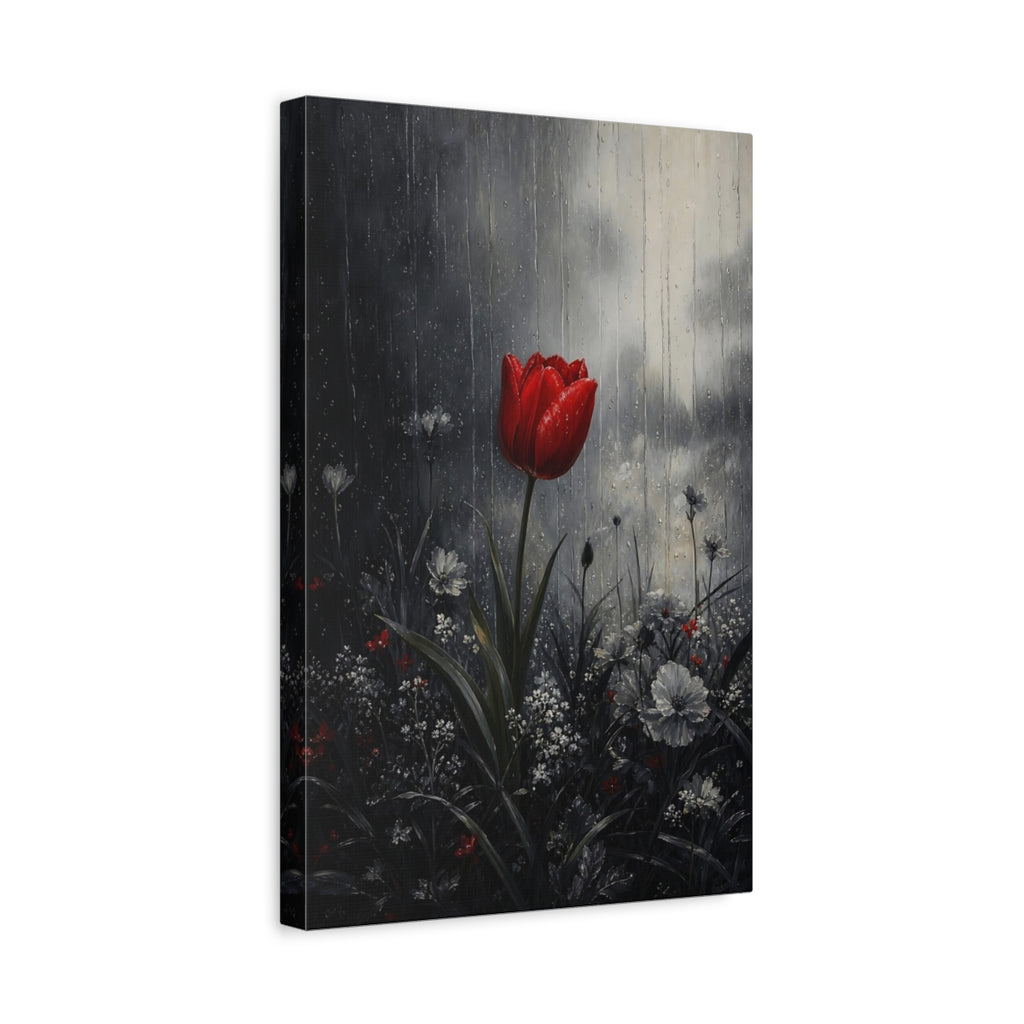 Side Mockup 4. Floral Red Tulip Red And Gray shown as stretched canvas wall art