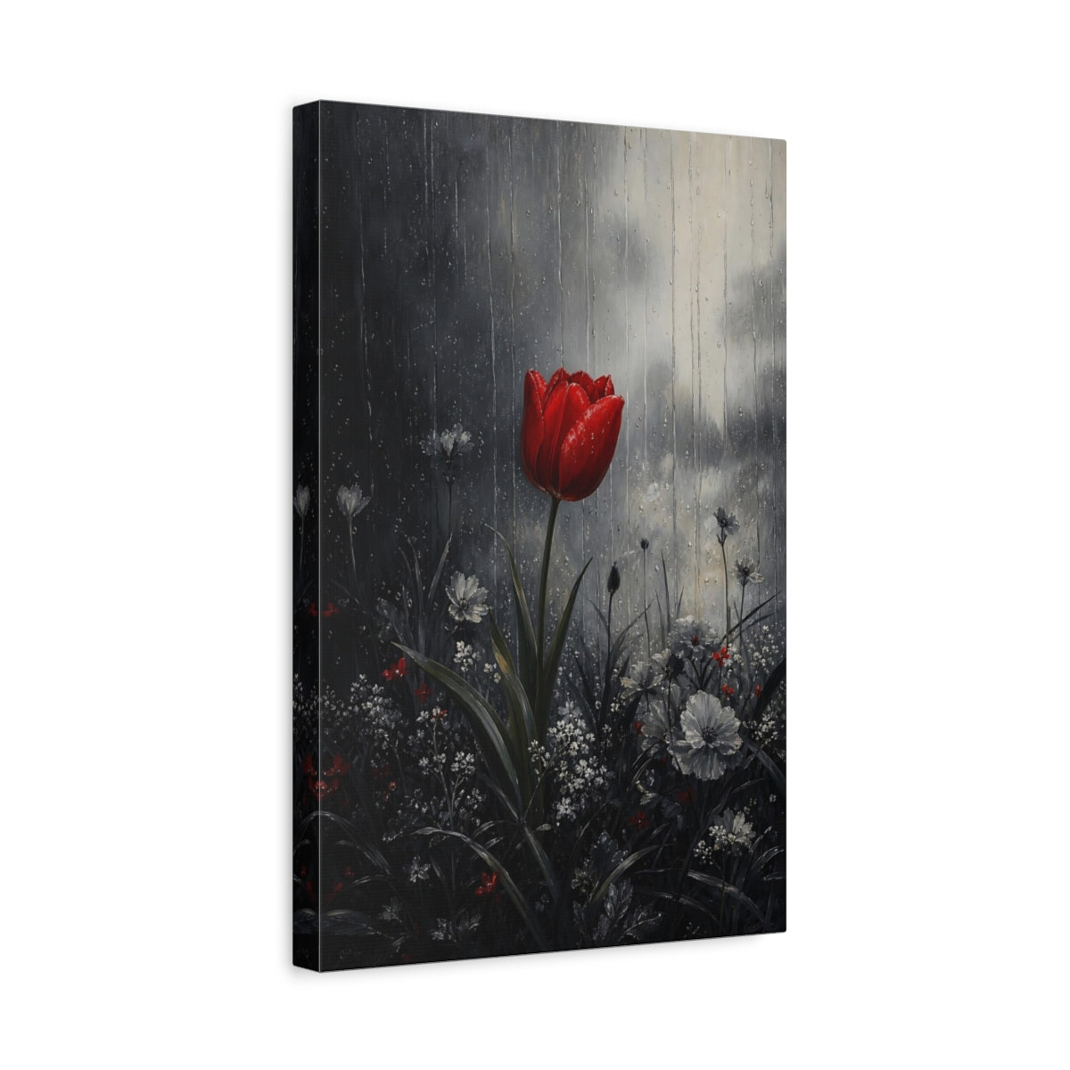 Side Mockup 4. Floral Red Tulip Red And Gray shown as stretched canvas wall art