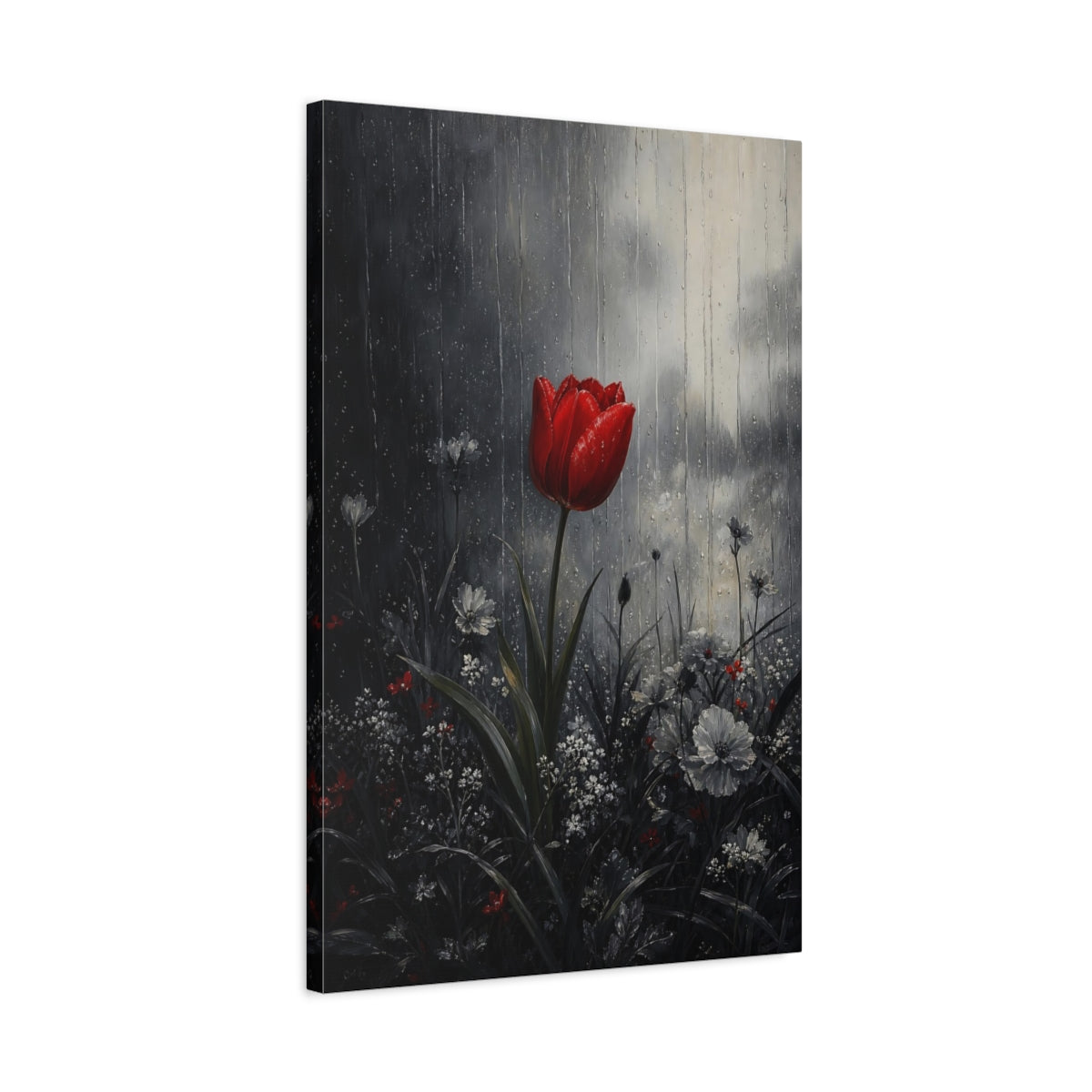 Side Mockup 2. Floral Red Tulip Red And Gray shown as stretched canvas wall art