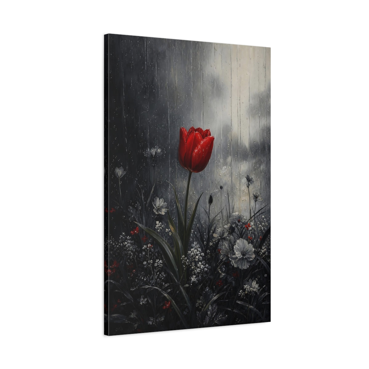 Main Mockup. Floral Red Tulip Red And Gray shown as stretched canvas wall art