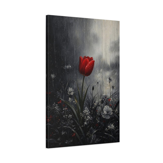 Main Mockup. Floral Red Tulip Red And Gray shown as stretched canvas wall art