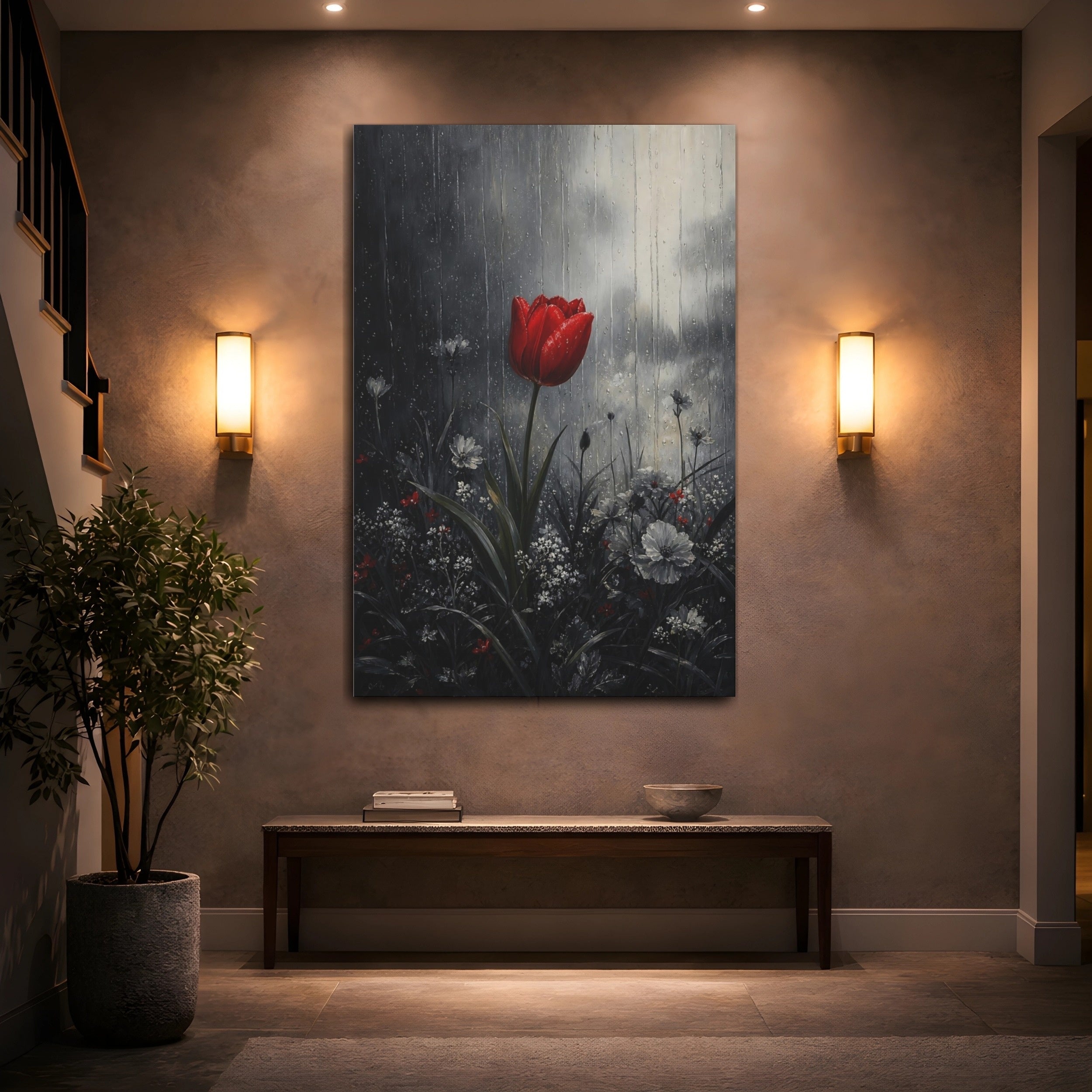 Mockup 2. Floral Red Tulip Red And Gray shown as stretched canvas wall art