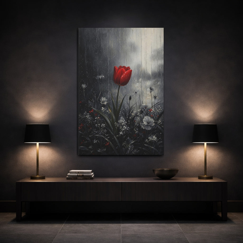 Mockup 3. Floral Red Tulip Red And Gray shown as stretched canvas wall art