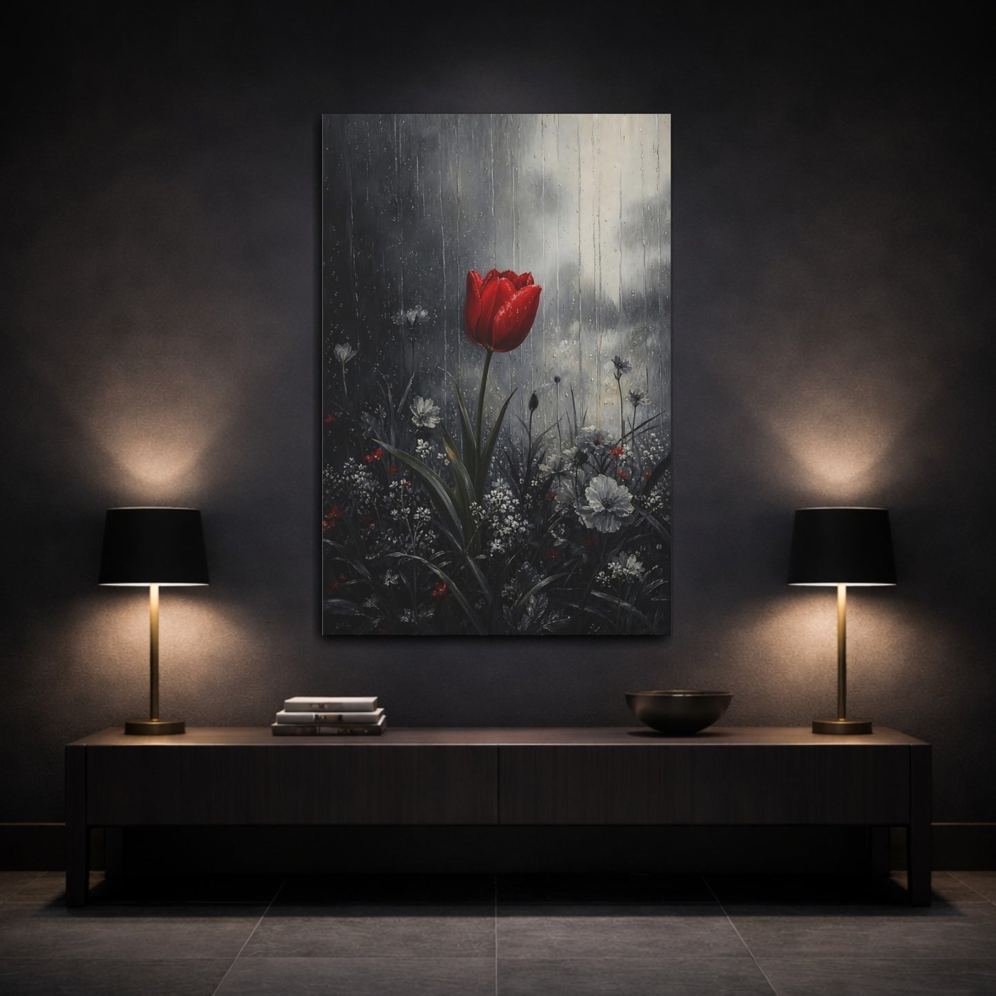 Mockup 3. Floral Red Tulip Red And Gray shown as stretched canvas wall art