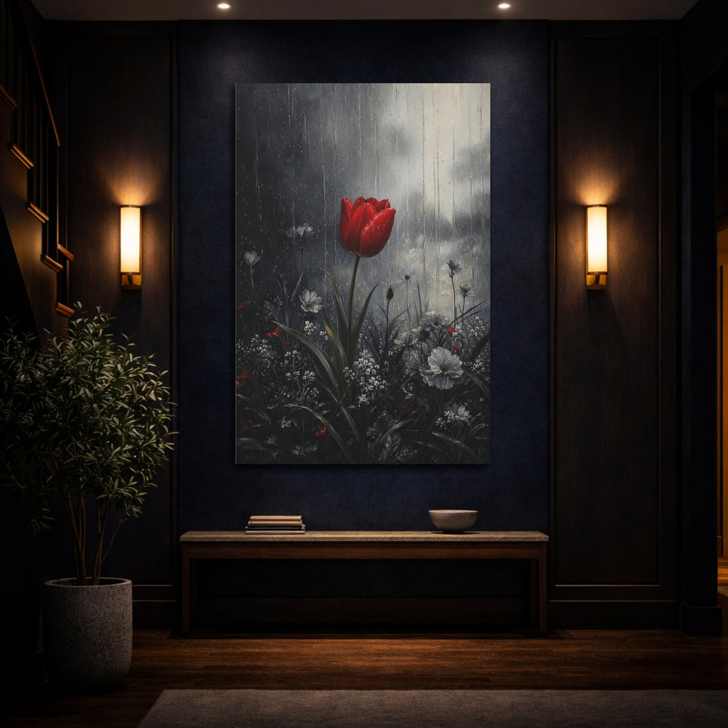 Mockup 4. Floral Red Tulip Red And Gray shown as stretched canvas wall art