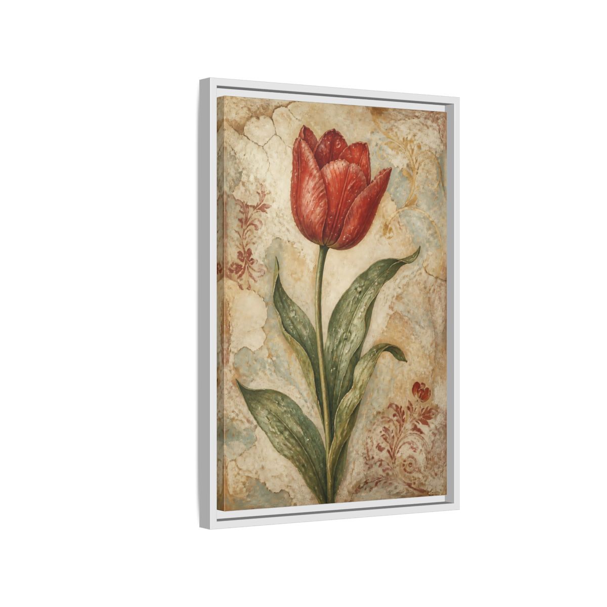 Side Mockup 1. Floral Red Tulip Study shown as framed canvas print