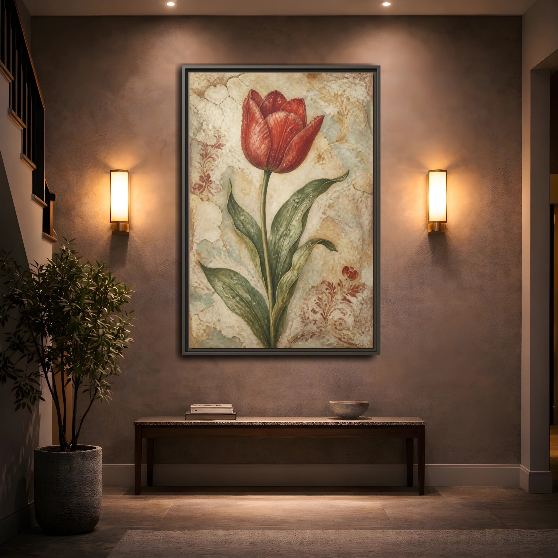 Mockup 2. Floral Red Tulip Study shown as framed canvas print