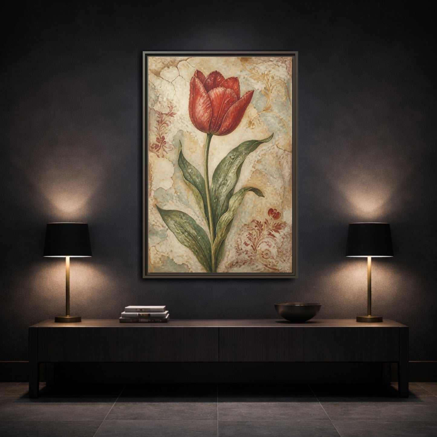 Mockup 3. Floral Red Tulip Study shown as framed canvas print