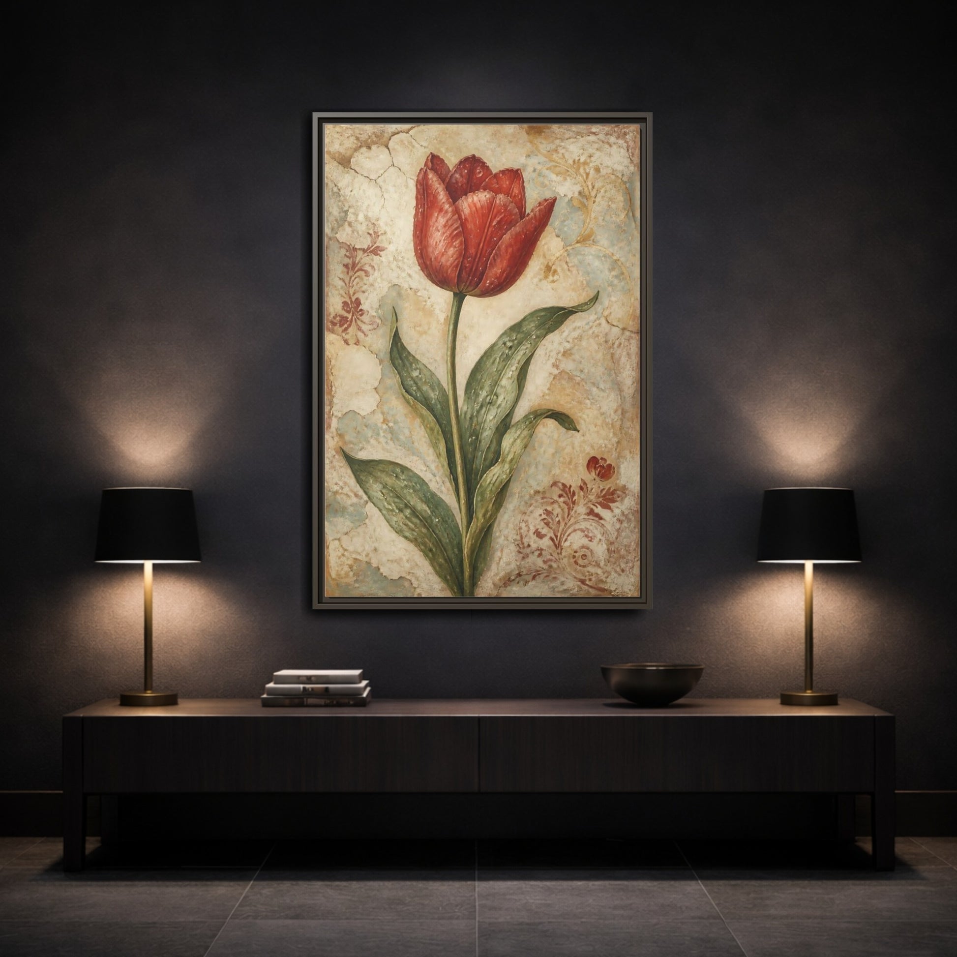 Mockup 3. Floral Red Tulip Study shown as framed canvas print