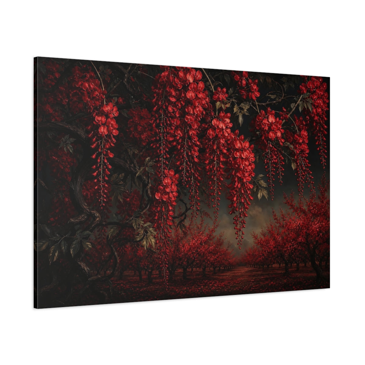 Side Mockup 1. Floral Red Wisteria Dark Red Floral shown as stretched canvas wall art