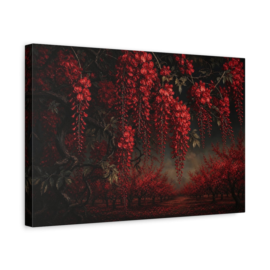 Side Mockup 4. Floral Red Wisteria Dark Red Floral shown as stretched canvas wall art