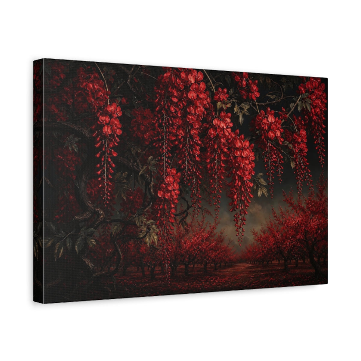 Side Mockup 4. Floral Red Wisteria Dark Red Floral shown as stretched canvas wall art