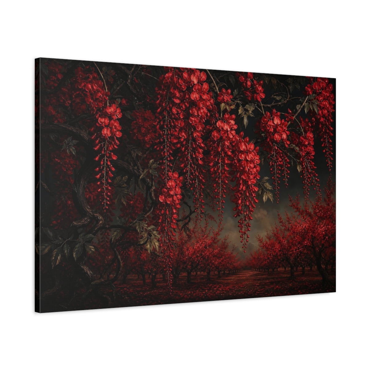 Main Mockup. Floral Red Wisteria Dark Red Floral shown as stretched canvas wall art