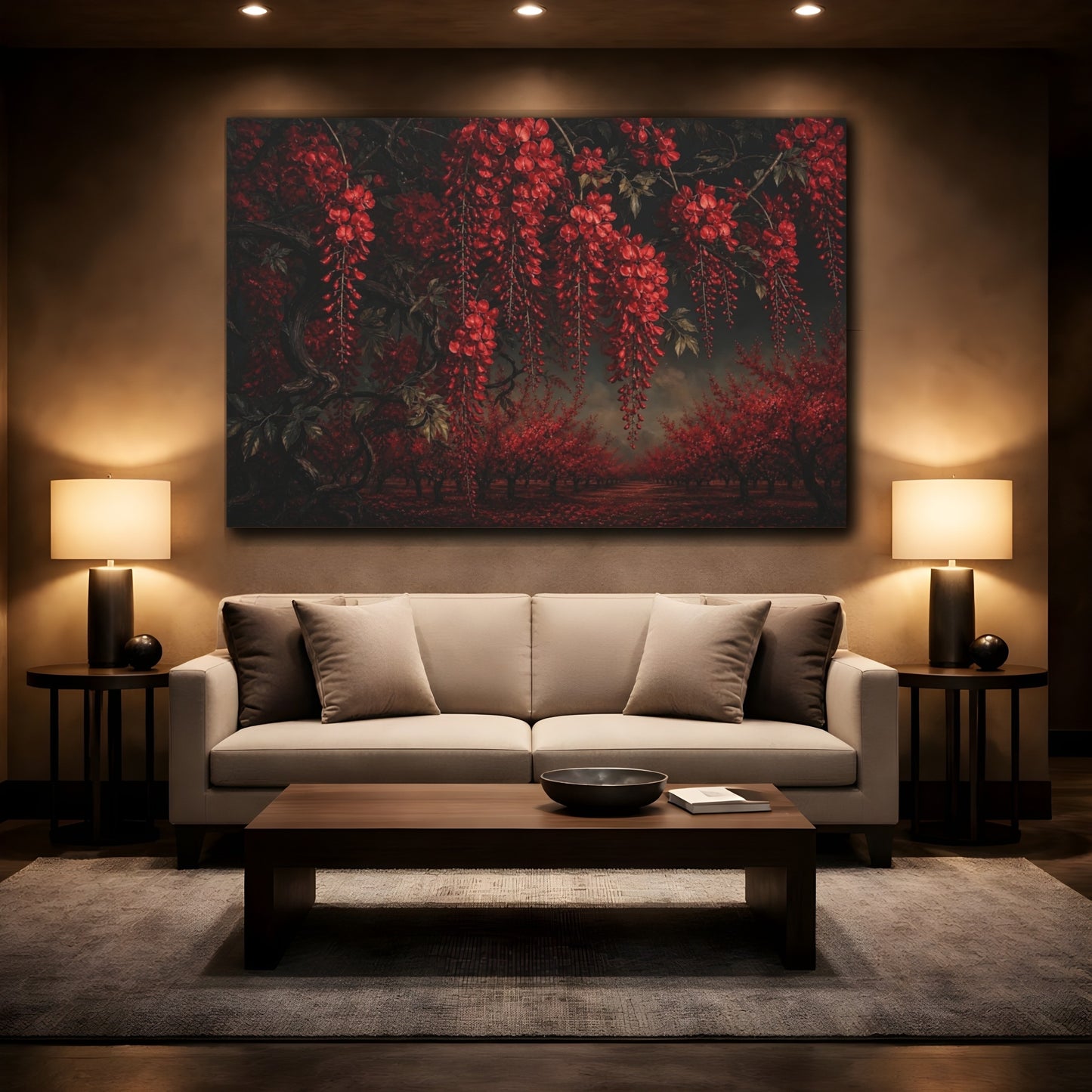 Mockup 2. Floral Red Wisteria Dark Red Floral shown as stretched canvas wall art