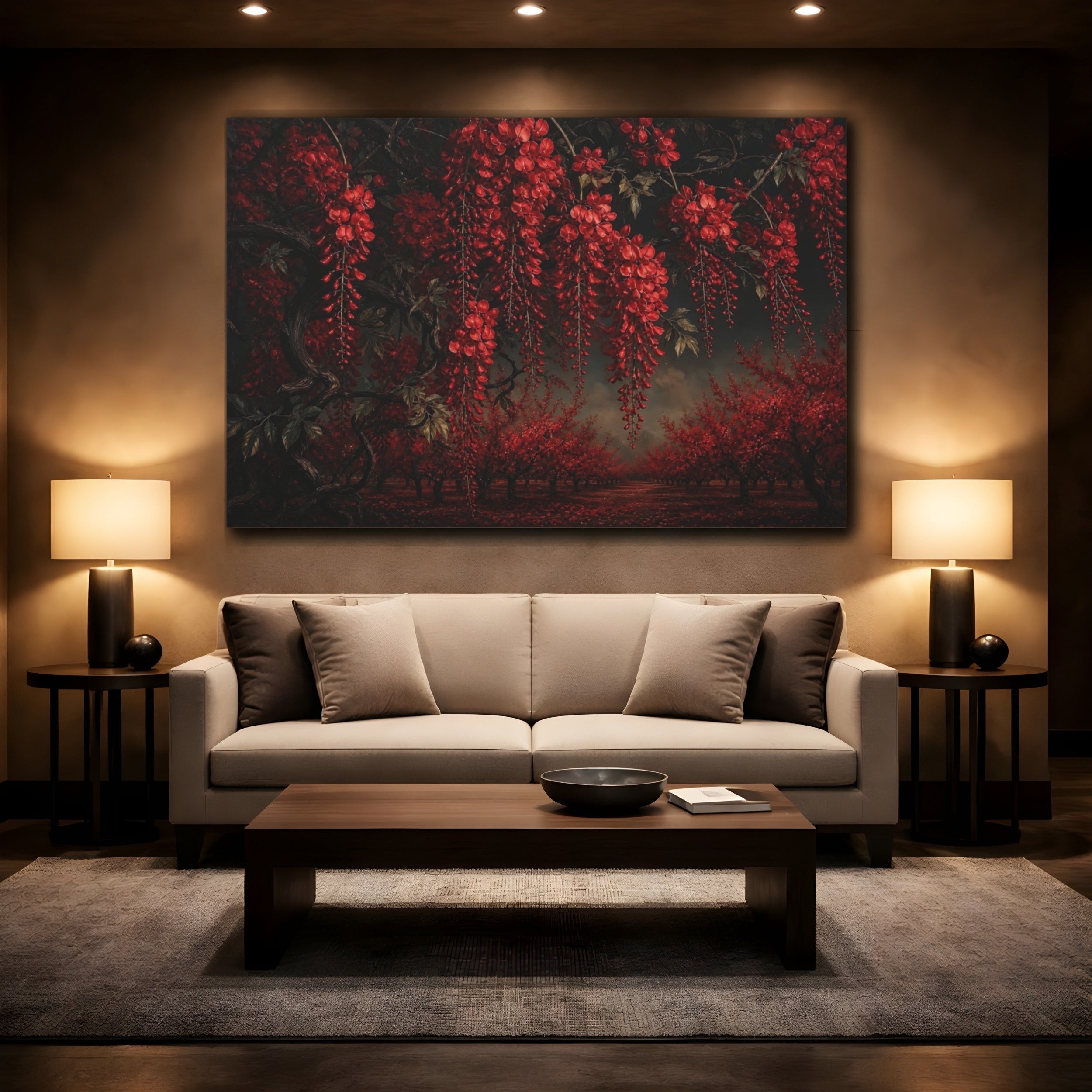 Mockup 2. Floral Red Wisteria Dark Red Floral shown as stretched canvas wall art