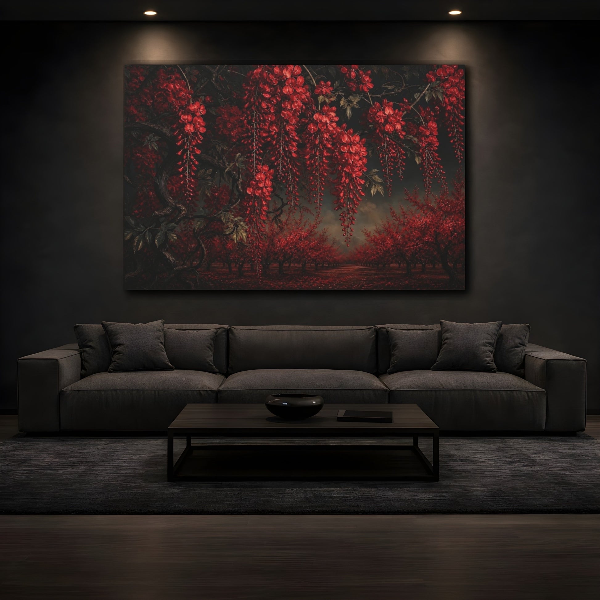 Mockup 3. Floral Red Wisteria Dark Red Floral shown as stretched canvas wall art