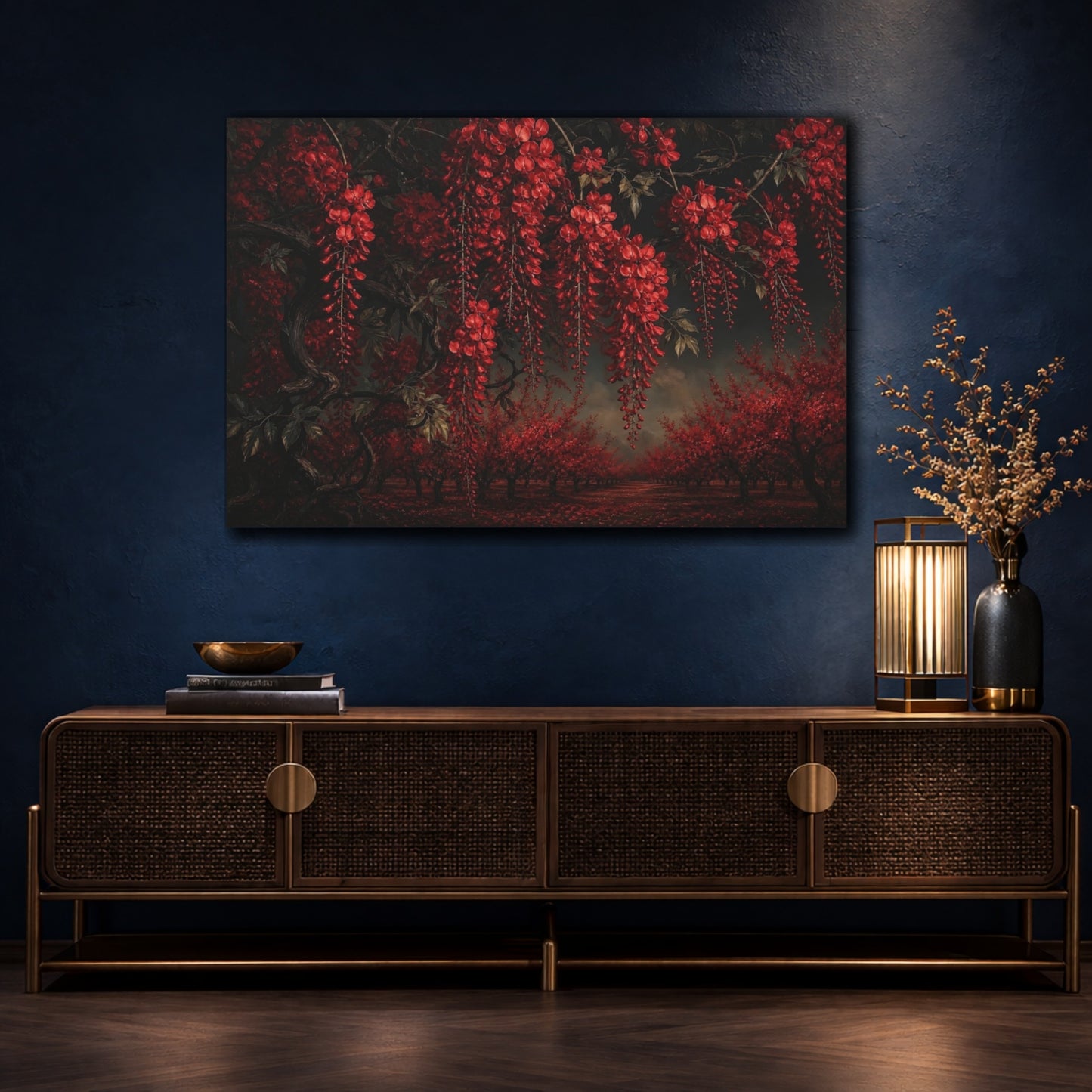 Mockup 4. Floral Red Wisteria Dark Red Floral shown as stretched canvas wall art