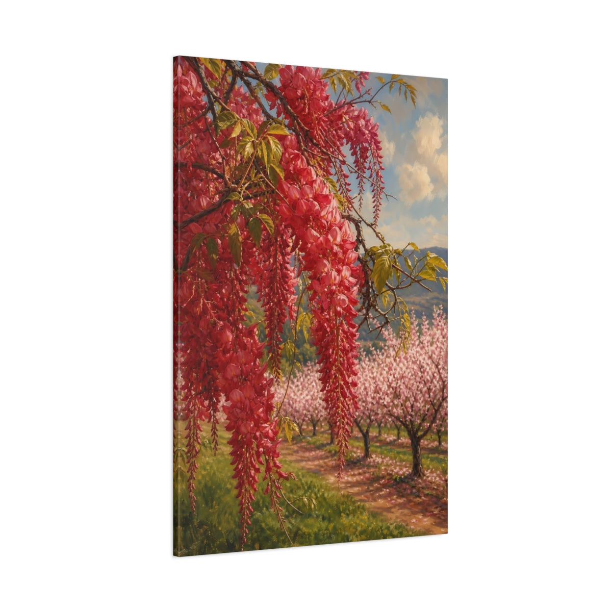 Side Mockup 1. Floral Red Wisteria Red Floral Landscape shown as stretched canvas wall art
