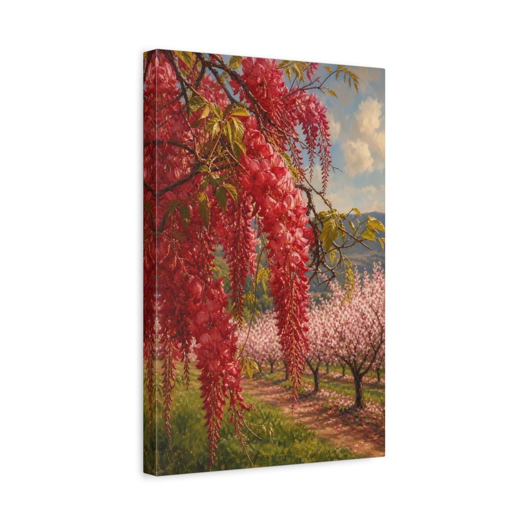 Side Mockup 4. Floral Red Wisteria Red Floral Landscape shown as stretched canvas wall art
