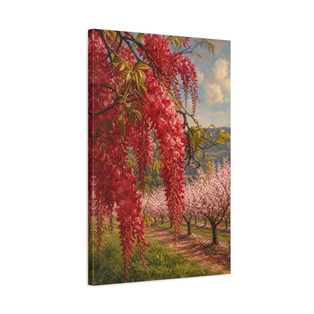 Side Mockup 2. Floral Red Wisteria Red Floral Landscape shown as stretched canvas wall art