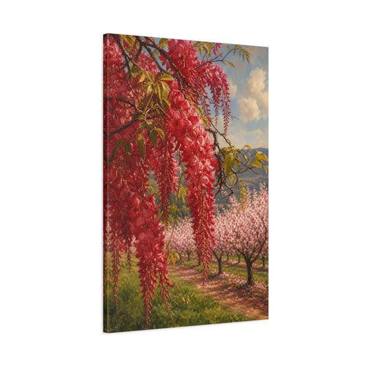 Main Mockup. Floral Red Wisteria Red Floral Landscape shown as stretched canvas wall art