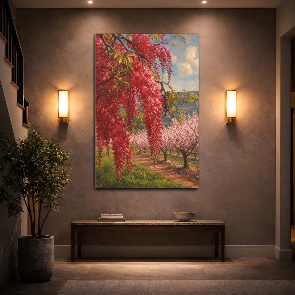 Mockup 2. Floral Red Wisteria Red Floral Landscape shown as stretched canvas wall art