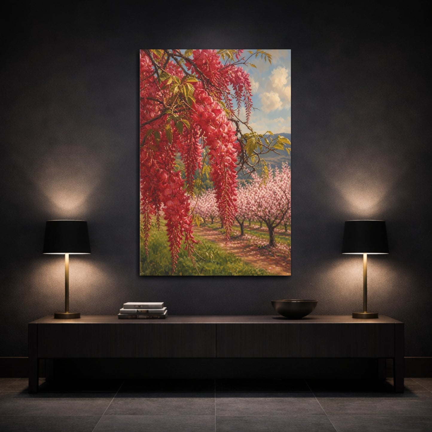 Mockup 3. Floral Red Wisteria Red Floral Landscape shown as stretched canvas wall art