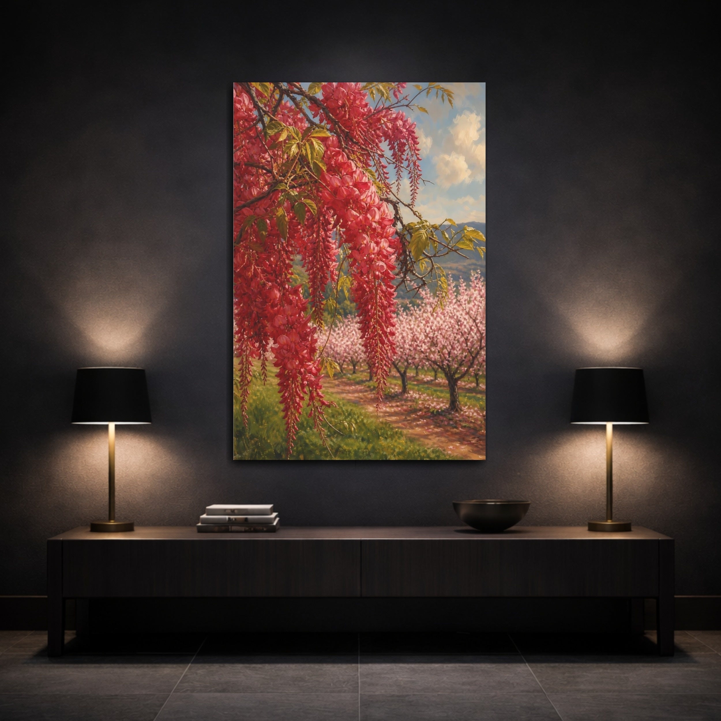 Mockup 3. Floral Red Wisteria Red Floral Landscape shown as stretched canvas wall art