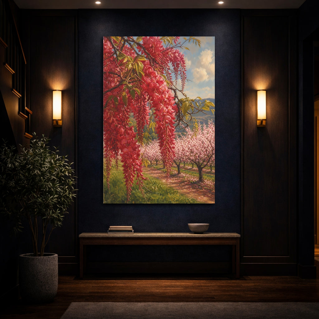 Mockup 4. Floral Red Wisteria Red Floral Landscape shown as stretched canvas wall art