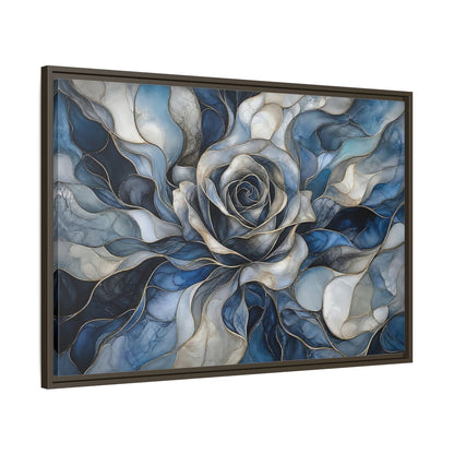 Main Mockup. Floral Rose Blue Gold Abstract shown as stretched canvas wall art