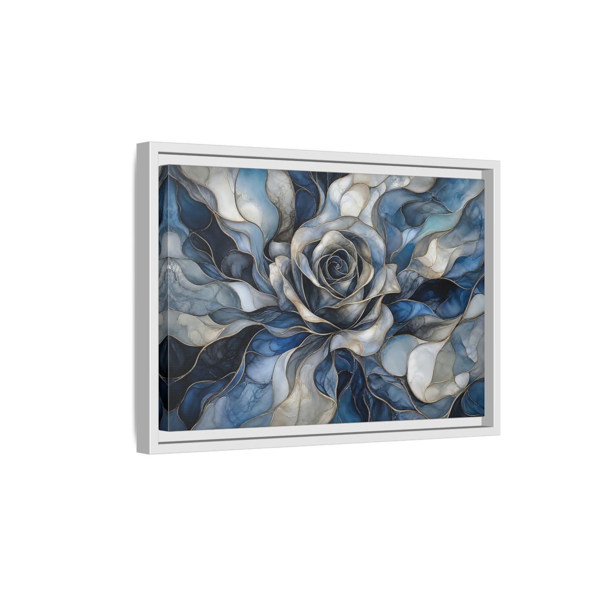 Side Mockup 4. Floral Rose Blue Gold Abstract shown as stretched canvas wall art