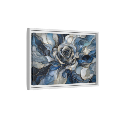 Side Mockup 4. Floral Rose Blue Gold Abstract shown as stretched canvas wall art